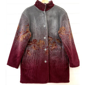 Vintage Denali Reversible Fleece Coat Jacket Burgundy Gray Leaf Button Front S